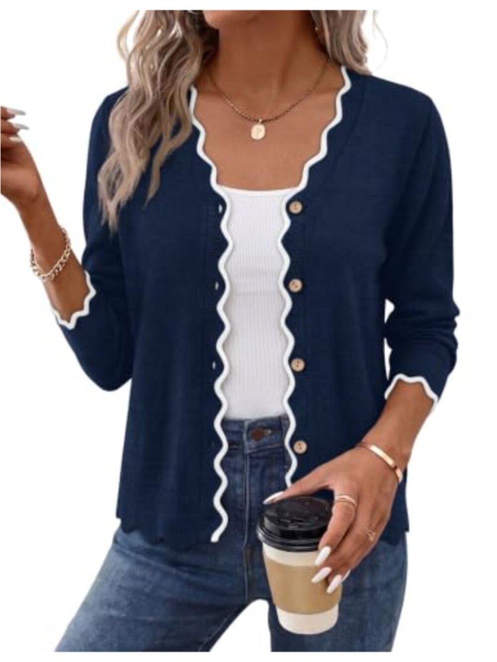 WIHOLL Women's Button Down Cardigan Scalloped Trim V-Neck Knit Sweater